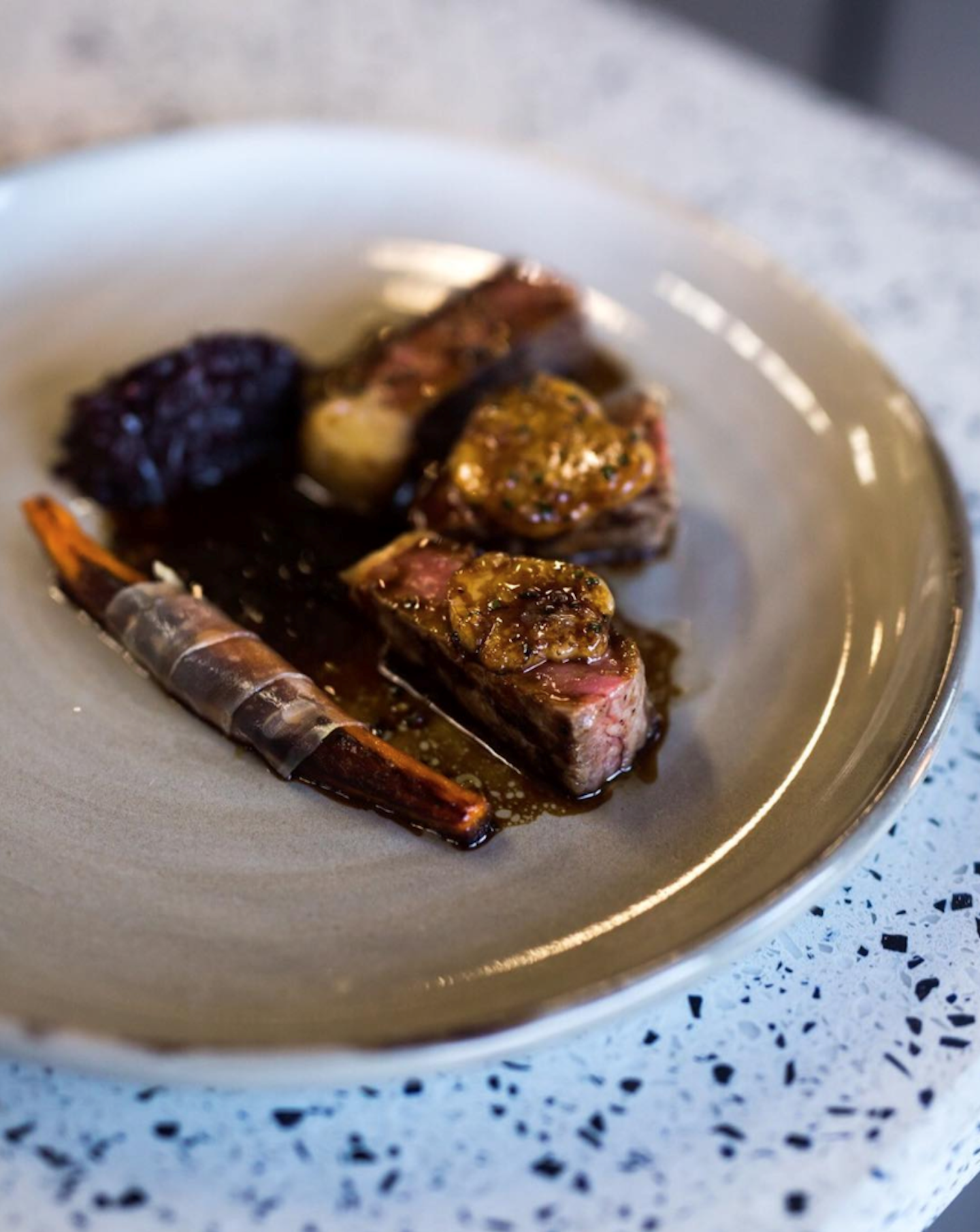 Grass Fed Sirloin, Red Cabbage Marmalade, Sweet Potato, Bone Marrow