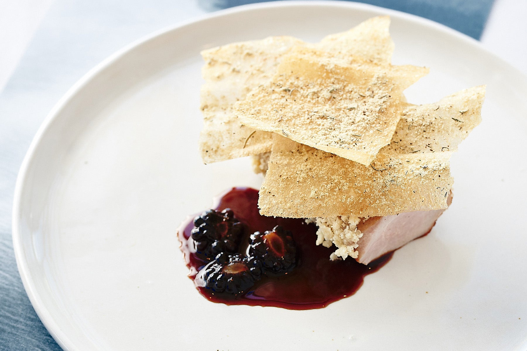 Free Range Pork Fillet, Mustard shards, Salted Blackberry sauce